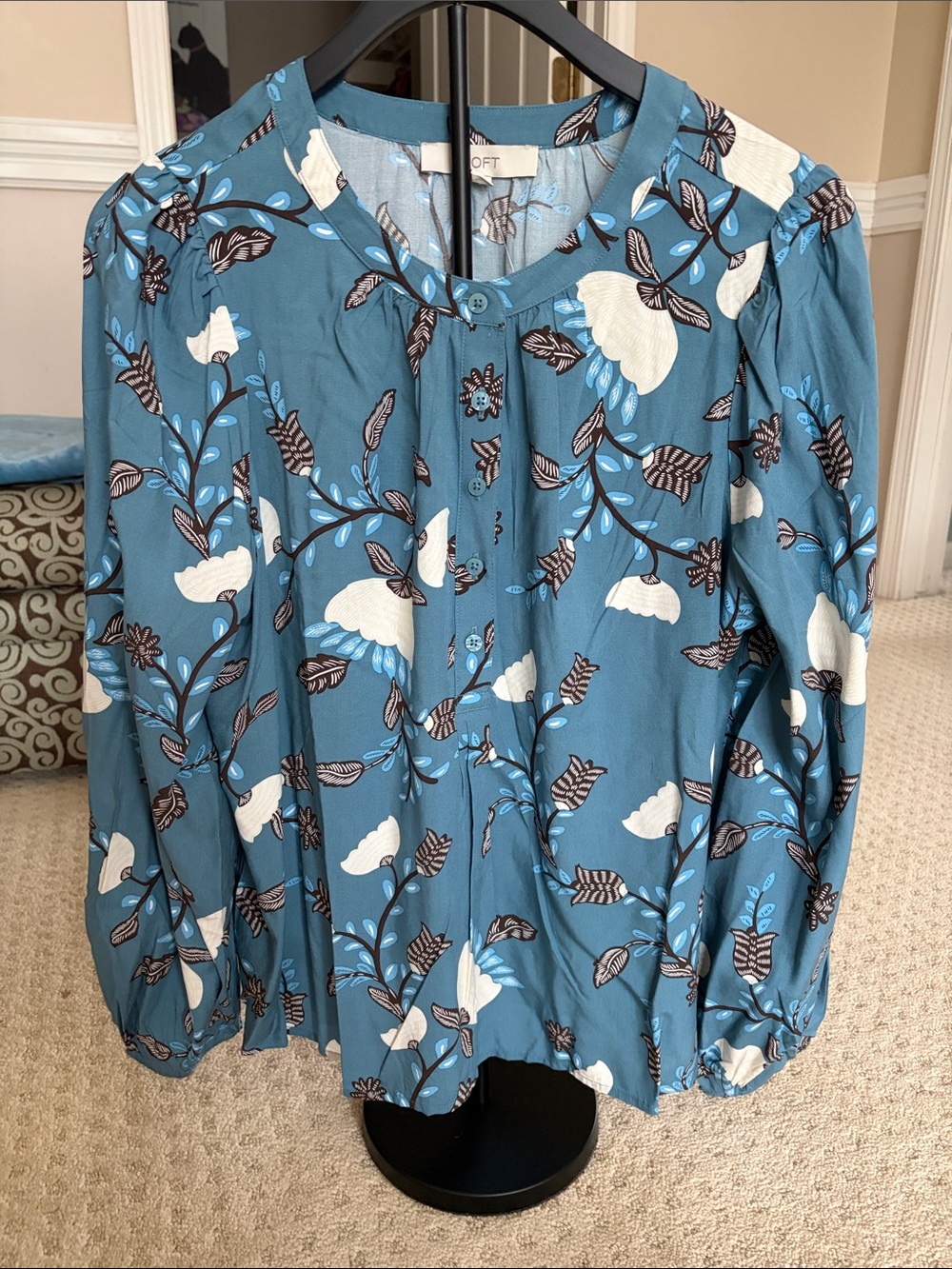 LOFT Teal Blue Floral Button-Down Blouse